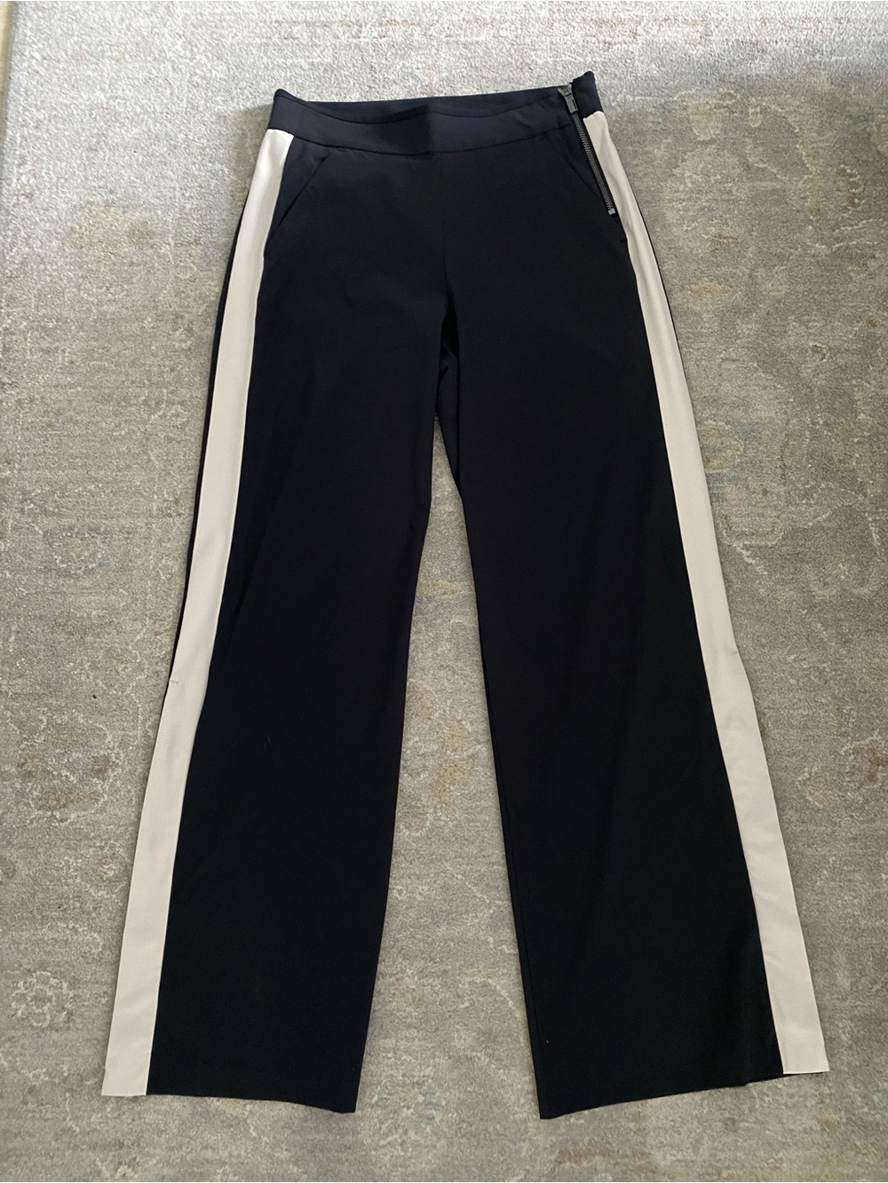 Athleta Women’s Black Wide-Leg Track Pants with Cream Side Stripes 2